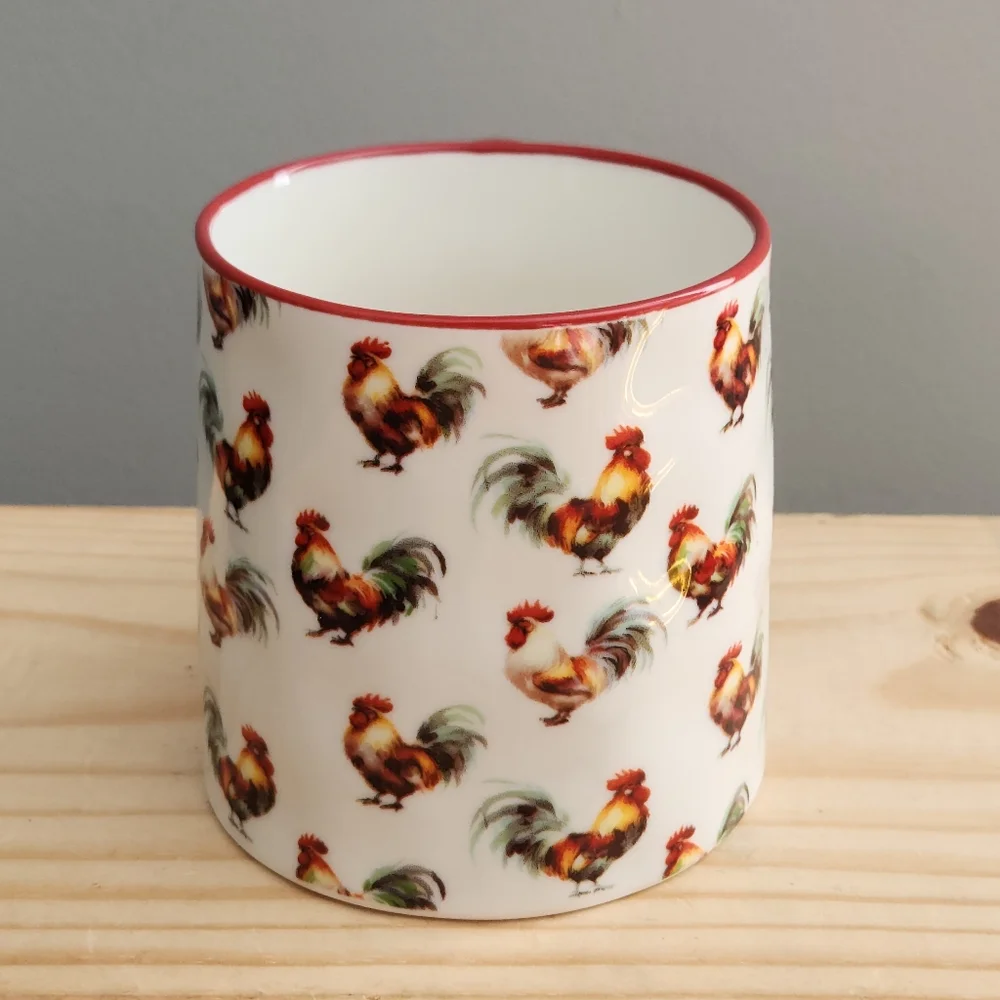 Rooster Patterned Ceramic Mug with Red Handle NWT Cottagecore, Farm, Homestead - Picture 4 of 15